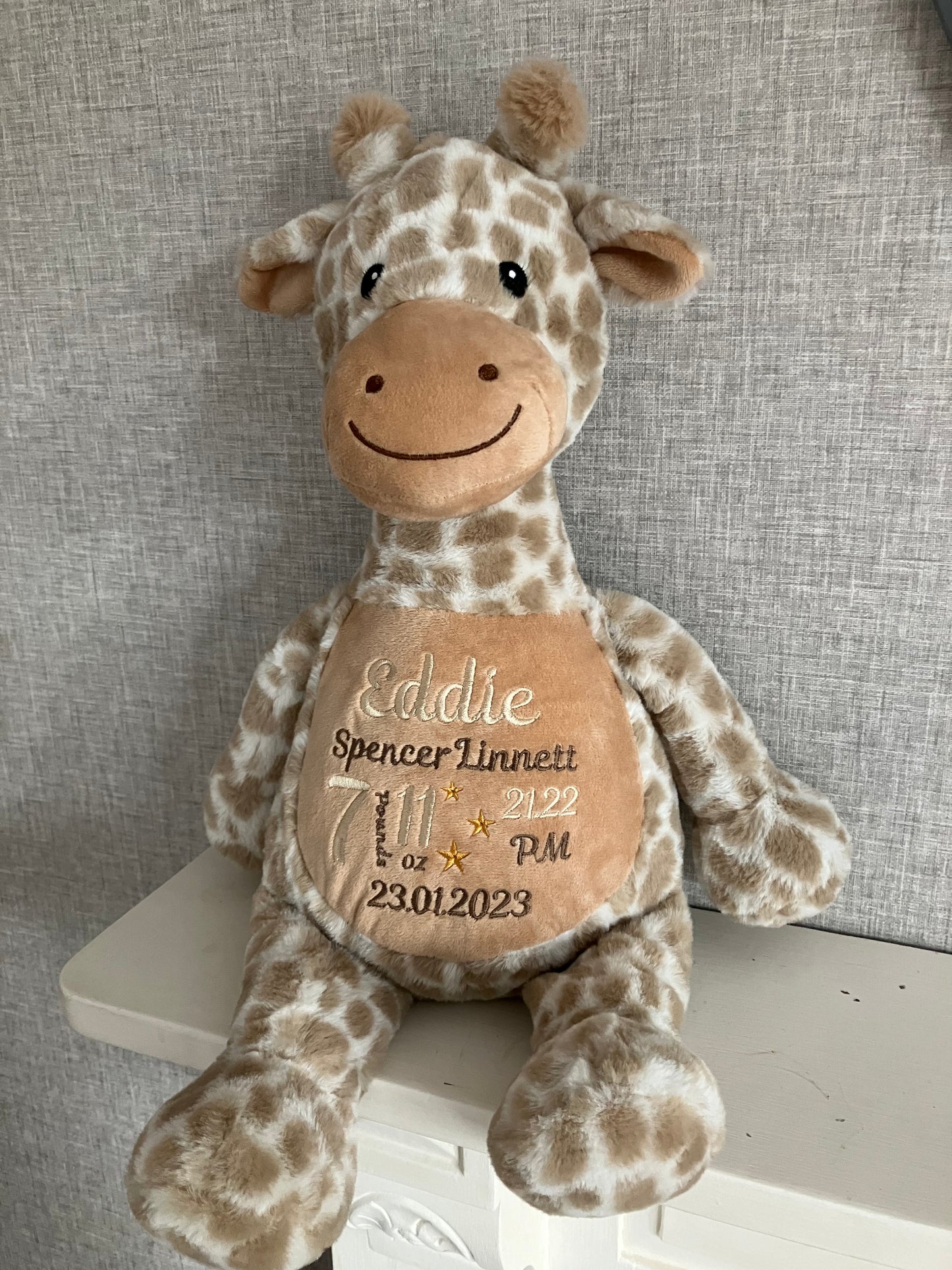 Personalised new baby giraffe teddy, embroidered new baby teddy bear, birth announcement teddy bear, new baby gift.