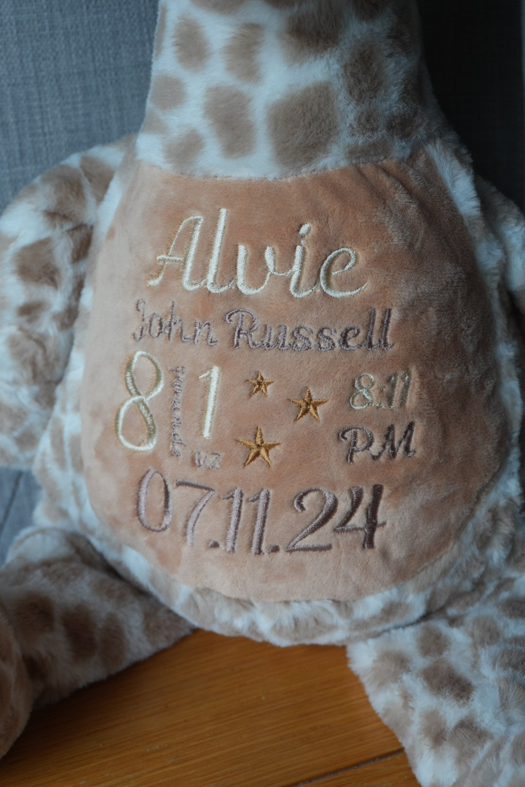 Personalised new baby giraffe teddy, embroidered new baby teddy bear, birth announcement teddy bear, new baby gift.