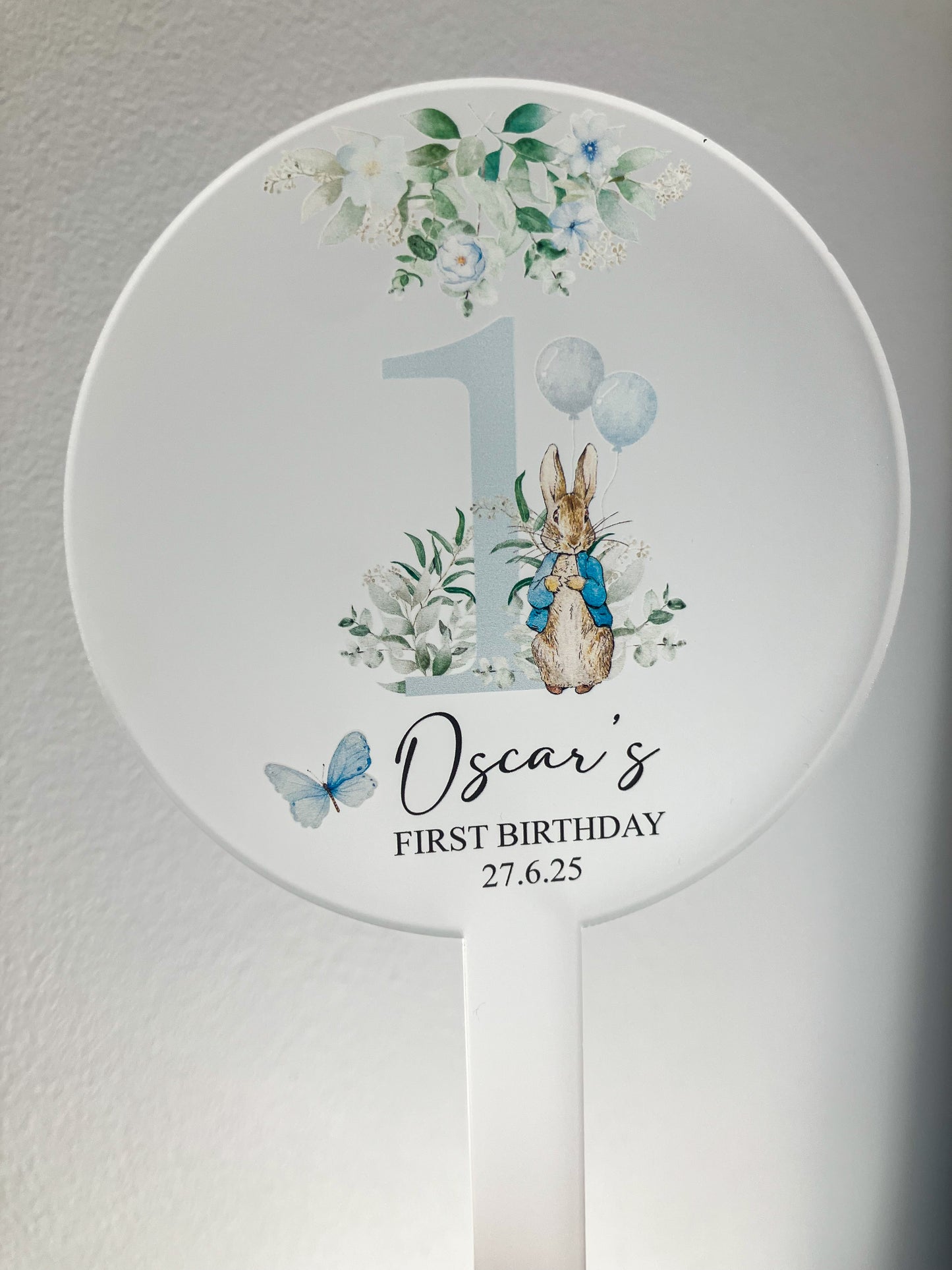 First Birthday cake topper, personalised birthday acrylic cake topper, Peter Rabbit Birthday Cake decoration
