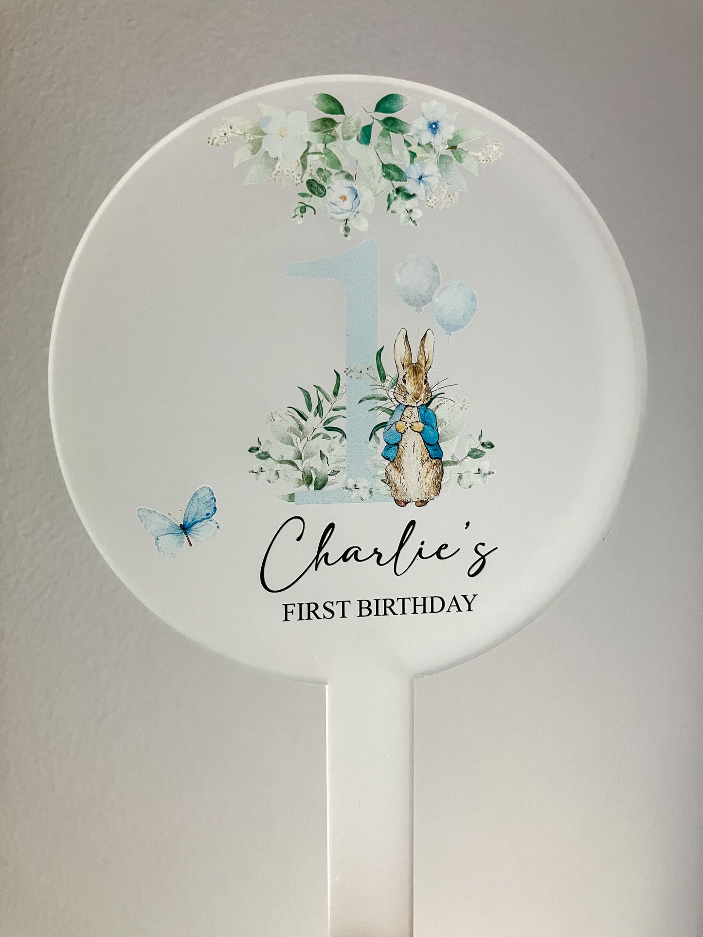 First Birthday cake topper, personalised birthday acrylic cake topper, Peter Rabbit Birthday Cake decoration