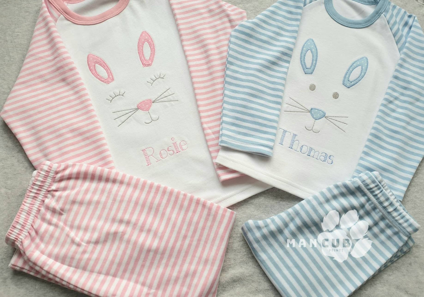 Children's Easter Pyjamas, Personalised Bunny Pyjamas, - Mancub Prints. Children's stripy pyjamas with an embroidered bunny face, personalised with a custom name – soft and cozy sleepwear for kids