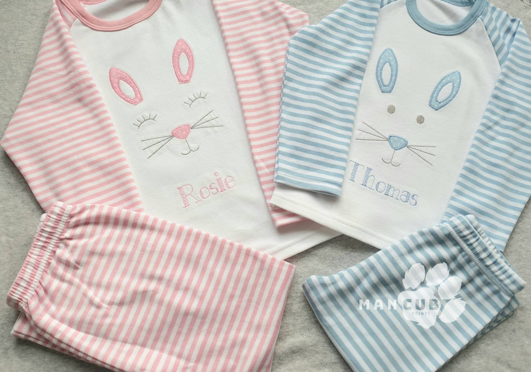 Children's Easter Pyjamas, Personalised Bunny Pyjamas, - Mancub Prints. Children's stripy pyjamas with an embroidered bunny face, personalised with a custom name – soft and cozy sleepwear for kids