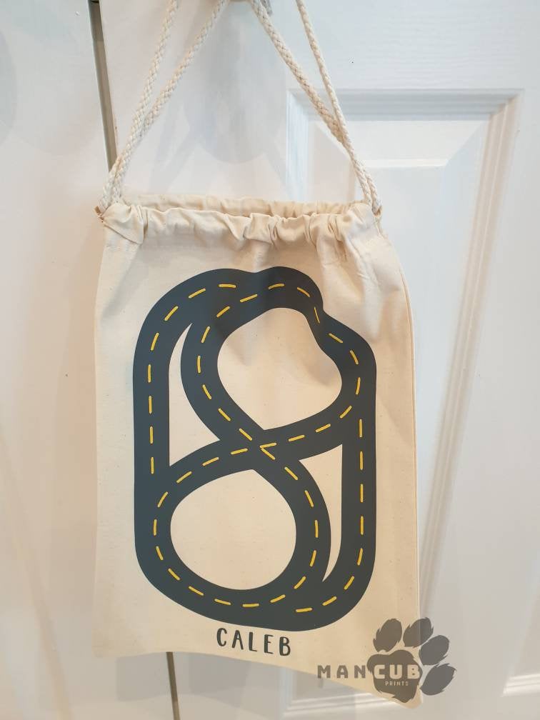 Personalised Toy car storage, toy bag Racing Car track or Train track storage - Mancub Prints