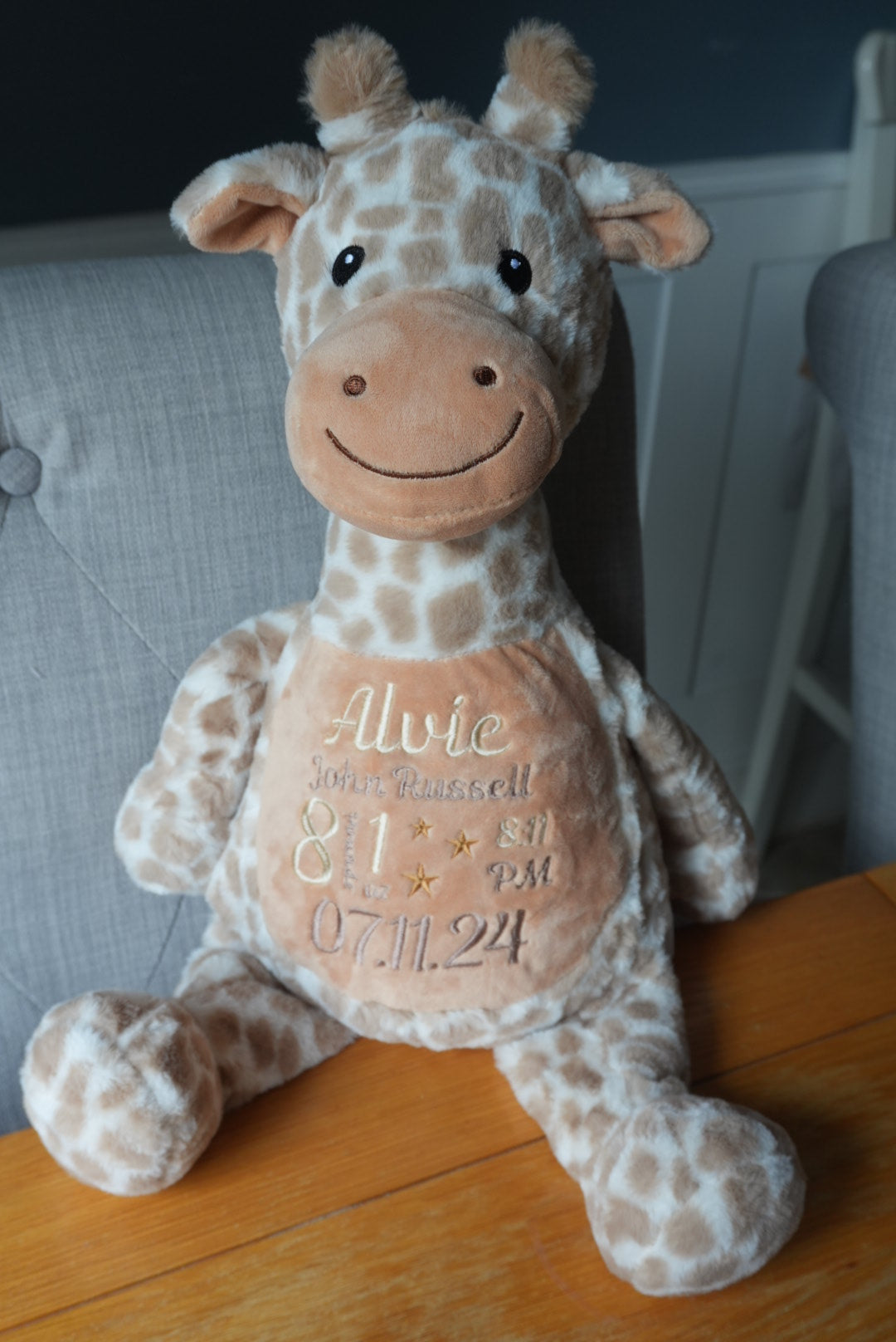 Personalised new baby giraffe teddy, embroidered new baby teddy bear, birth announcement teddy bear, new baby gift.