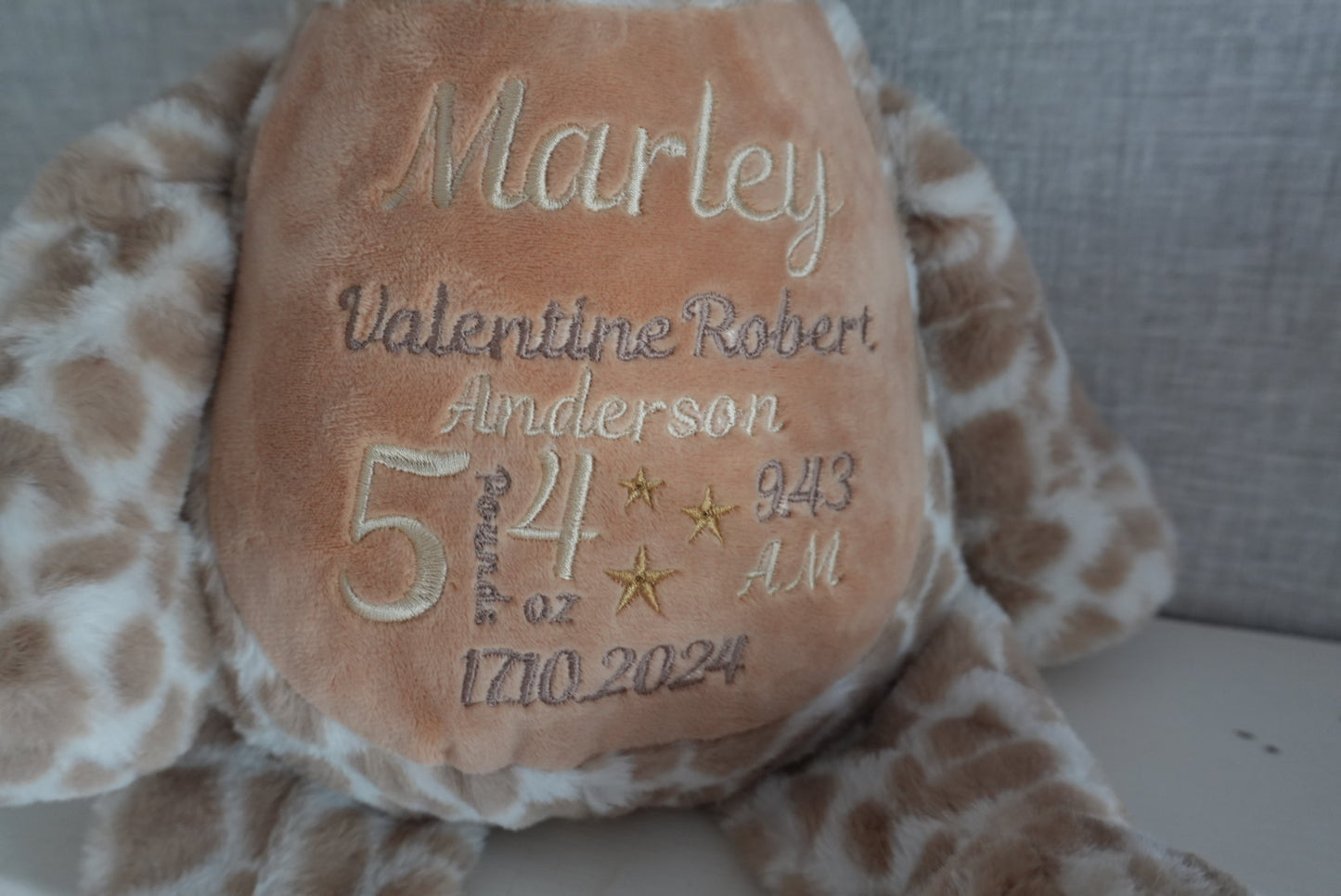 Personalised new baby giraffe teddy, embroidered new baby teddy bear, birth announcement teddy bear, new baby gift.