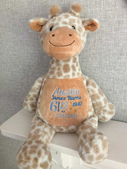 A cute giraffe teddy bear, approximately 42cm long. Personalised with baby's name, weight, time and date of birth. Ideal new baby gift.