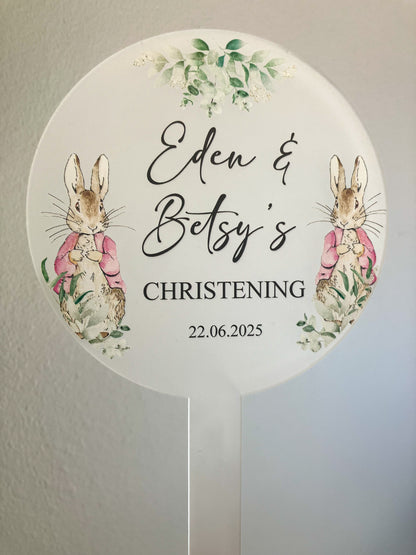 Twin Christening cake topper, personalised christening acrylic cake topper, Rabbit Christening Cake decoration