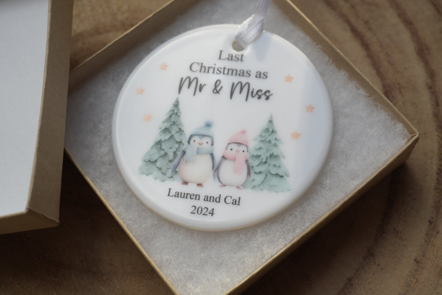 Personalised Christmas bauble, couples decoration, Last Christmas as Mr & Miss Decoration