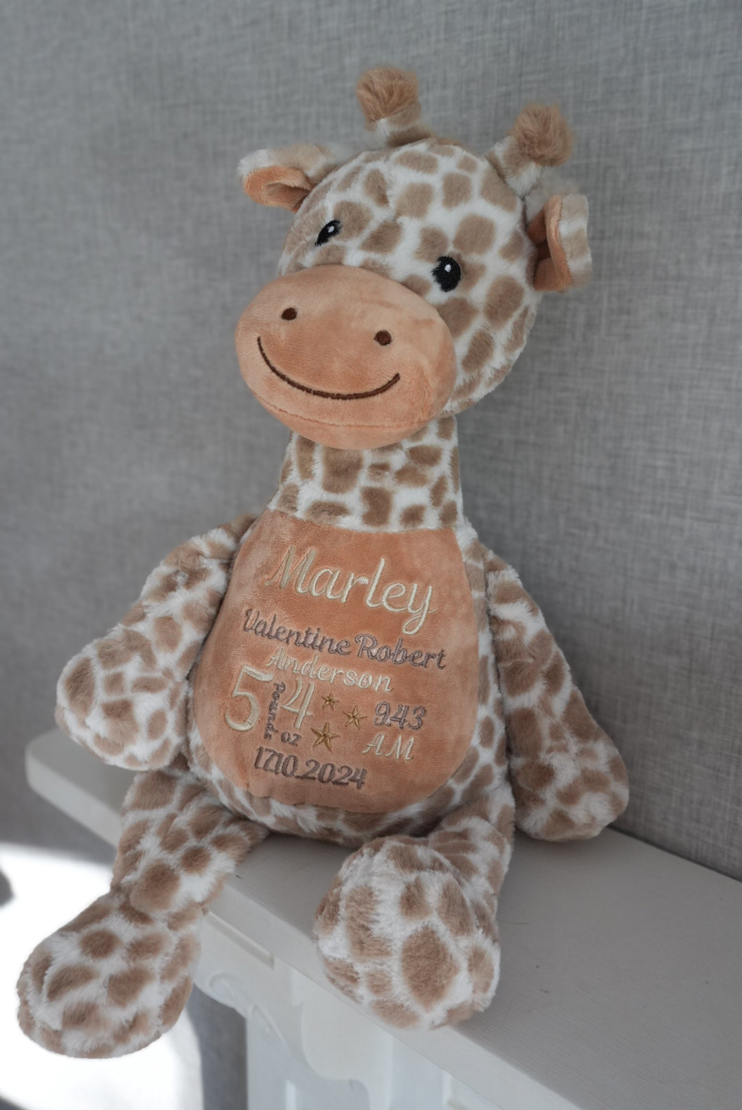 Personalised new baby giraffe teddy, embroidered new baby teddy bear, birth announcement teddy bear, new baby gift.