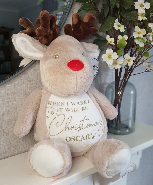 Personalised First Christmas Teddy Reindeer, Reindeer Teddy, Baby's 1st Christmas Teddy, When I wake up it will be Christmas - Mancub Prints