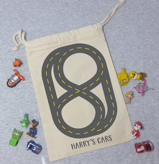 Personalised Toy car storage, toy bag Racing Car track or Train track storage - Mancub Prints