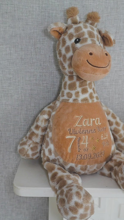 Personalised new baby giraffe teddy, embroidered new baby teddy bear, birth announcement teddy bear, new baby gift.